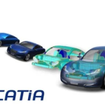 Car design progression from sketch and wireframe to 3D CAD model with DS CATIA logo