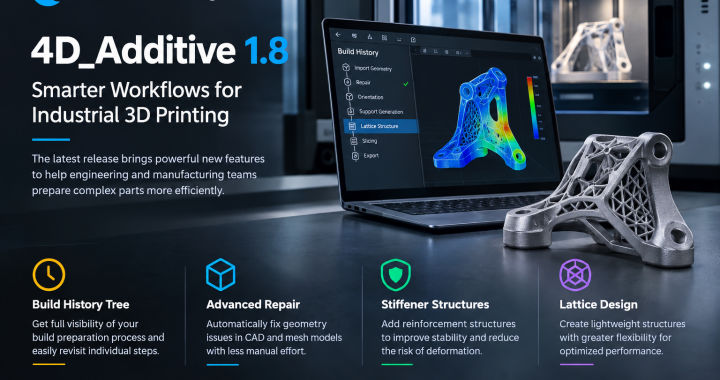 4D_Additive 1.8 feature overview showcasing Build History Tree, Advanced Repair, Stiffener Structures, and Lattice Design